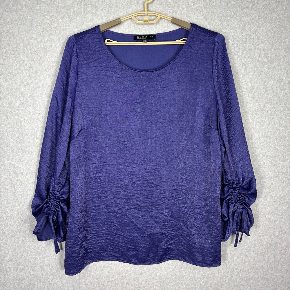 ELOQUII Blouse Womens 24‎ Purple Textured Satin Ruched Tie Sleeve Career Church